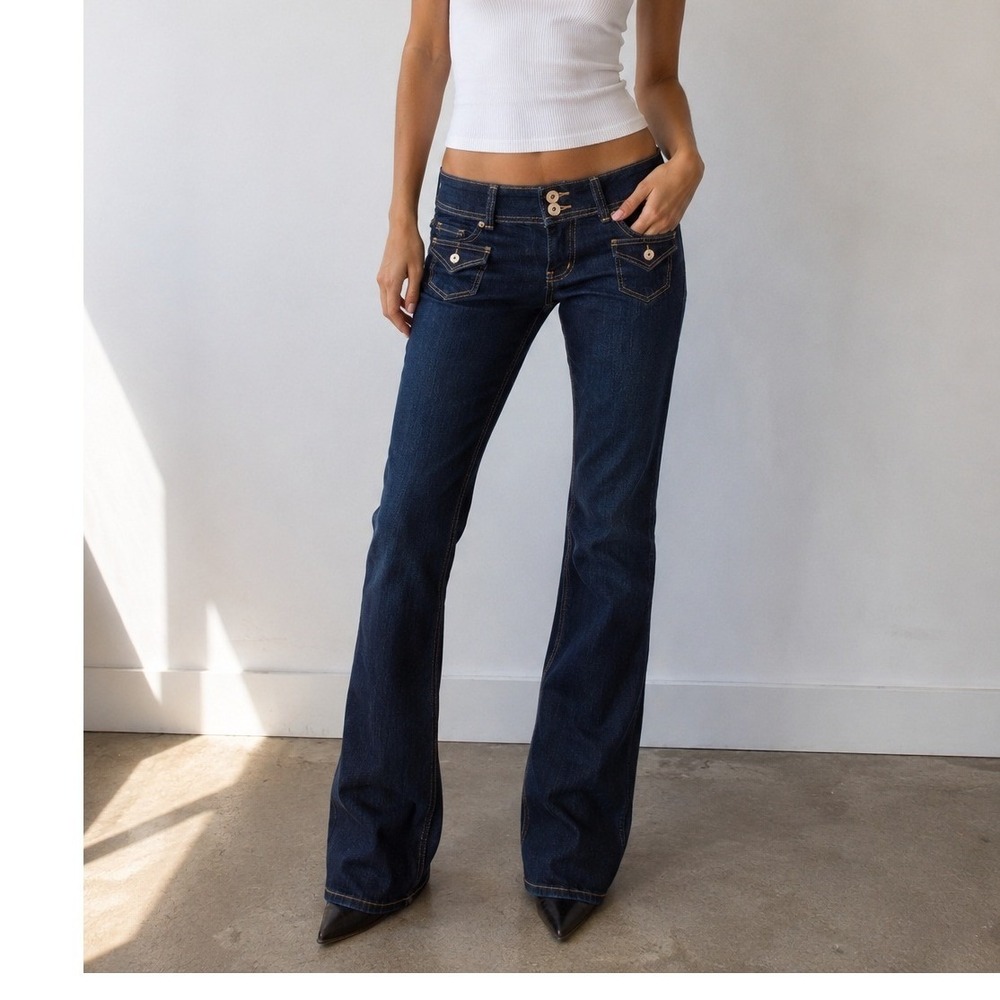 Telepatia Womens Low Rise Flare Jeans Dark Wash Flap Pockets 0/24 Y2K McBling